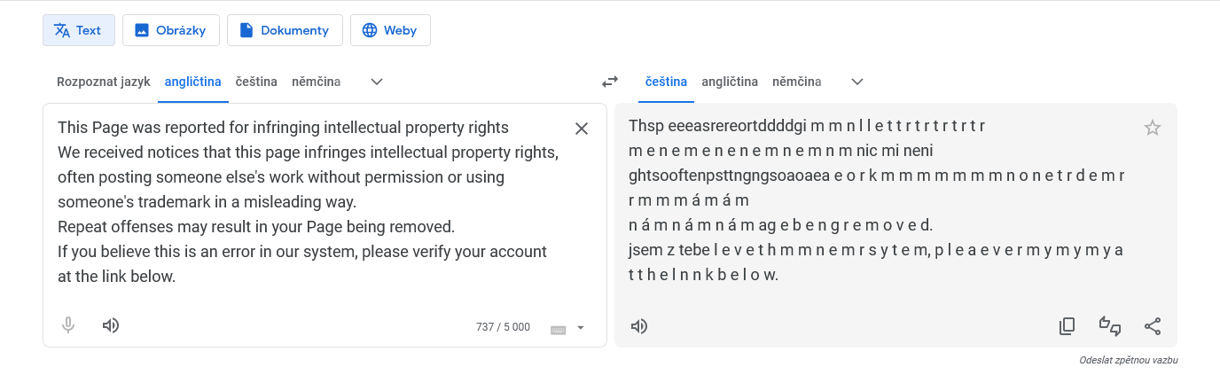Google Translator zprávu nedokáže přeložit